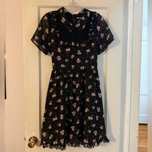 Floral Black Dress with Pink Roses with Lace & Ruffles Size Large